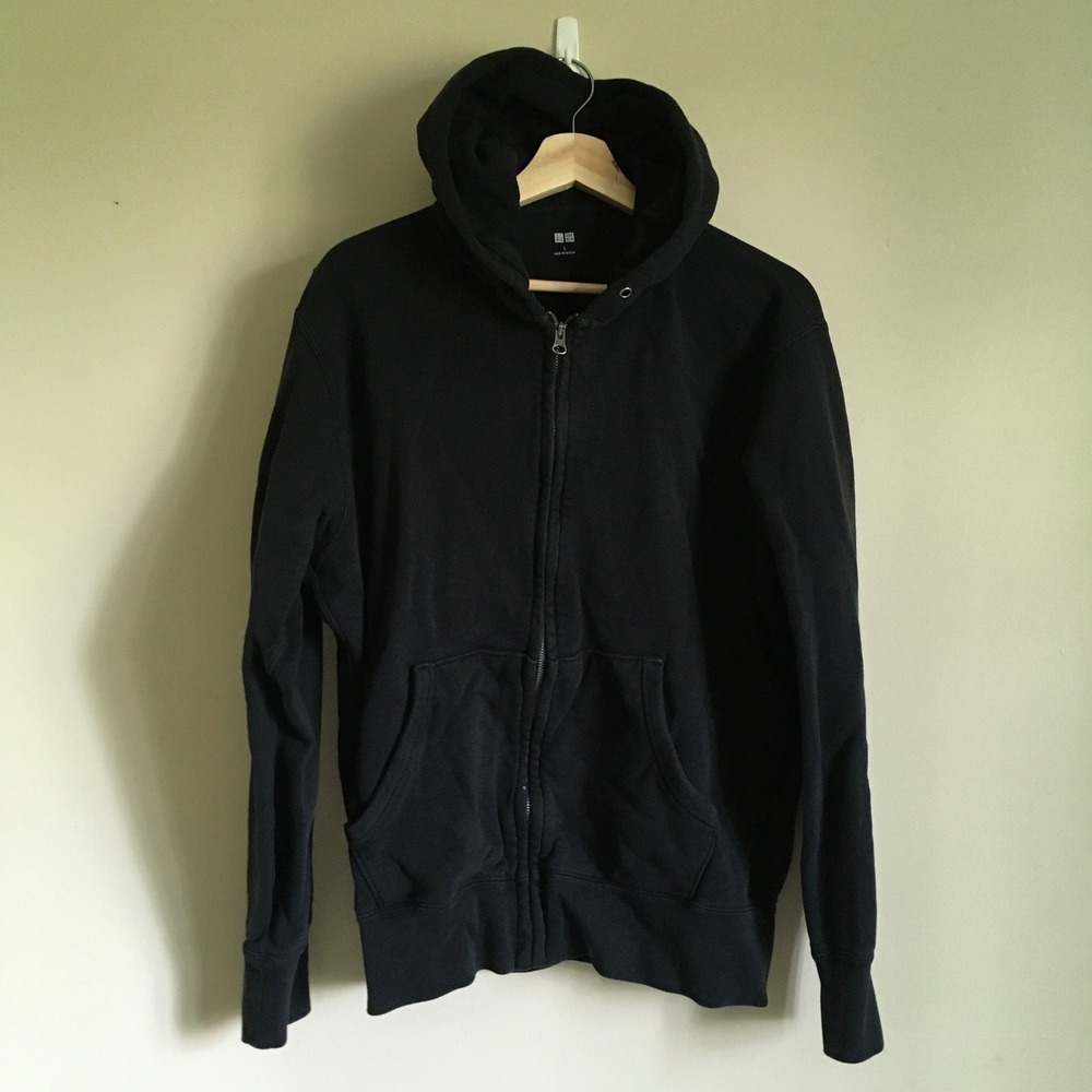 Uniqlo Mens Full Zip Hoodie minimalist Black Cotton Sweatshirt Large
